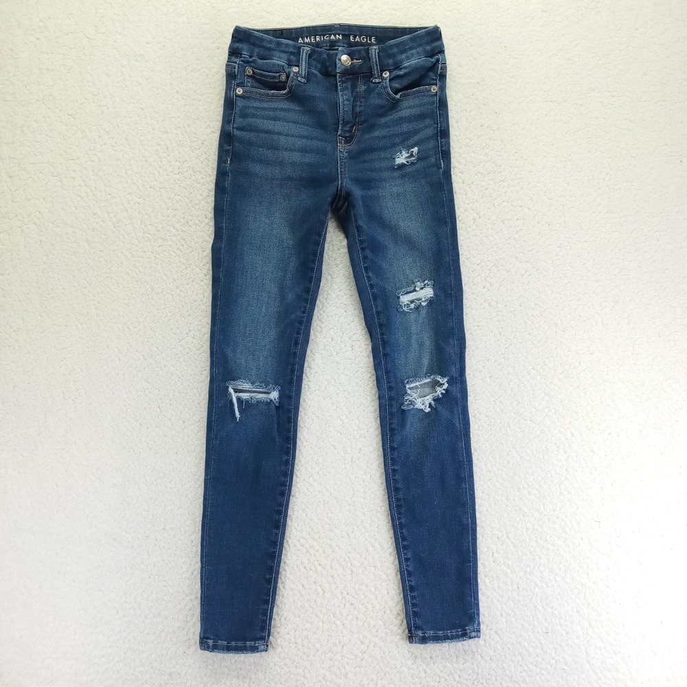 American‎ Eagle Hi-Rise Jegging Dark Distressed Luxe Stretch Jeans Size 0 Short